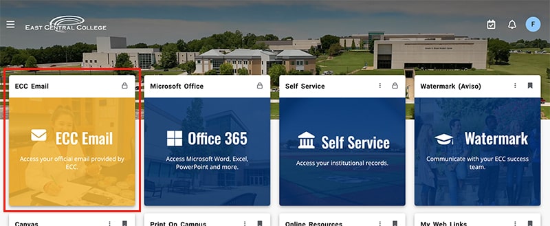 MyECC dashboard with the ECC Email button highlighted