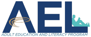 Adult Education and Literacy Logo with person reading a book