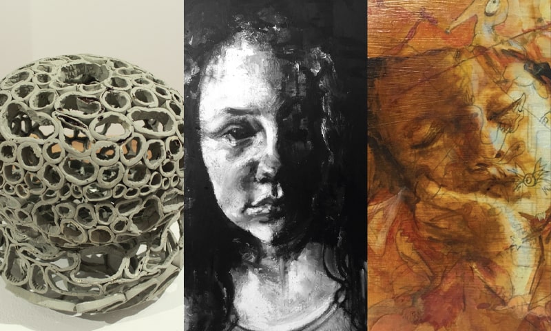 A collage of three art pieces from Sisyphus is a Woman