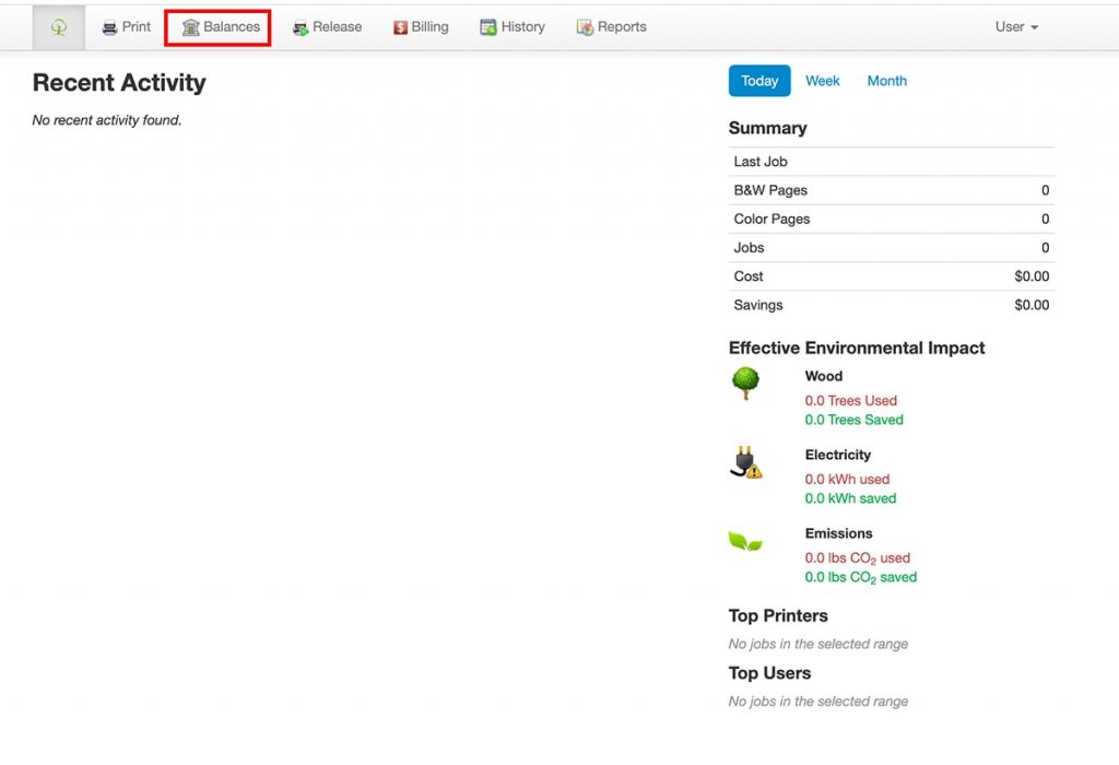 Print Manager Plus dashboard with Balances link highlighted