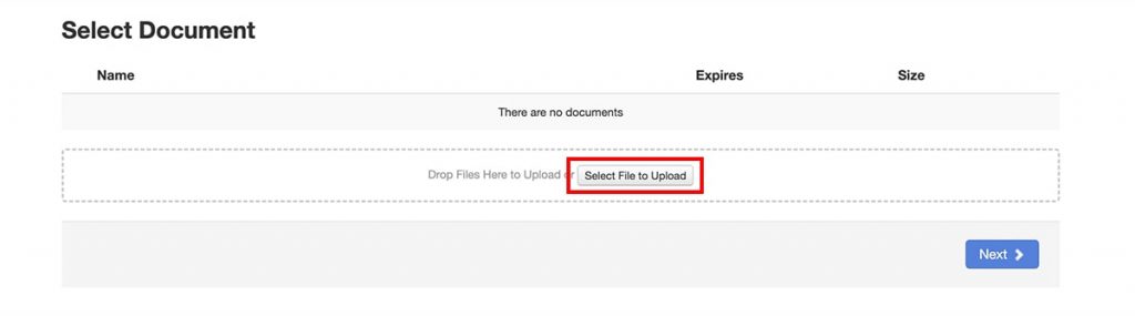 Select Document screen with Select File to Upload button highlighted