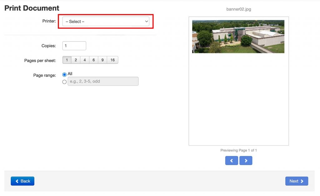Print Document page with Printer select box highlighted