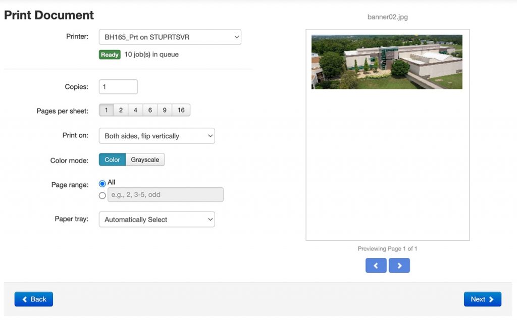 Print Document page with printer selected and print options listed