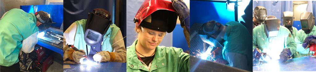 Collage banner of students welding