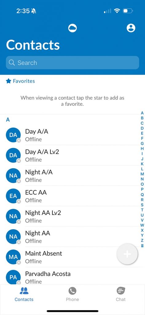Marketspace Communicator Contacts screen