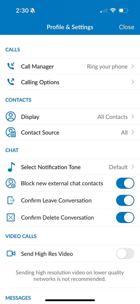 Marketspace Communicator Settings screen