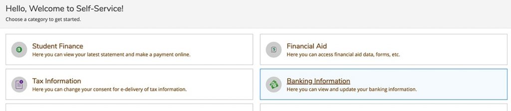 Self-Service dashboard with Banking Information link highlighted