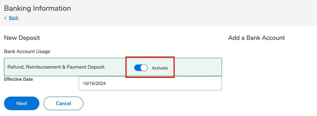 Banking Information dashboard with Activate switch to turn on Refund, Reimbursement & Payment Deposit option