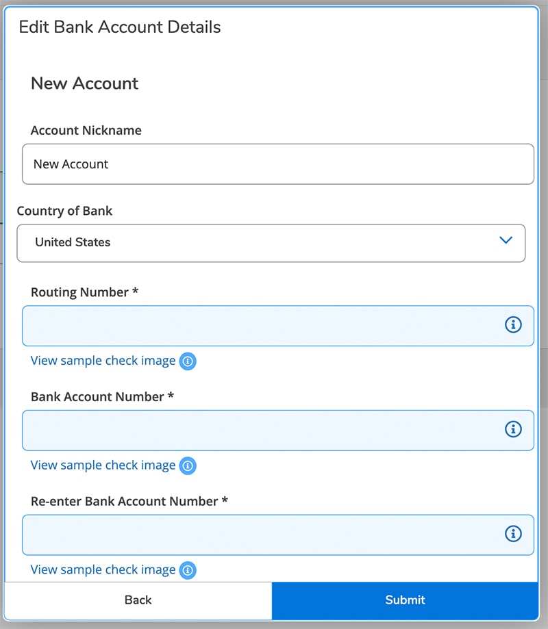 Self-Service form titled Edit Bank Account Details for New Account