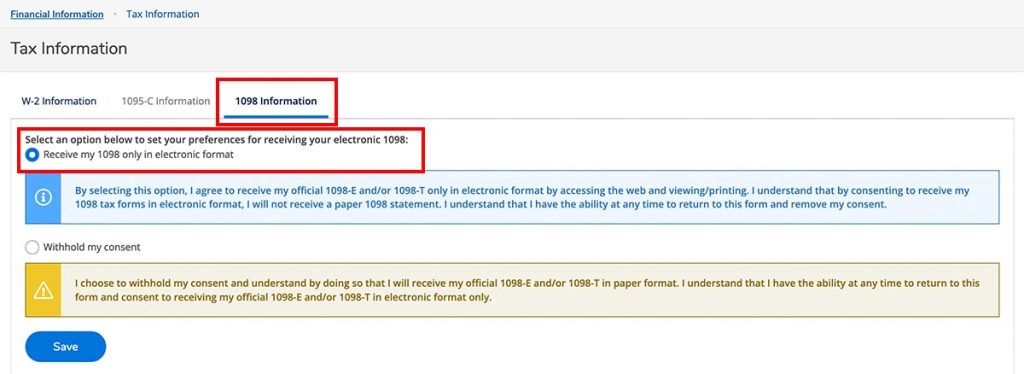 1098 Information tab highlighted on Tax Information dashboard