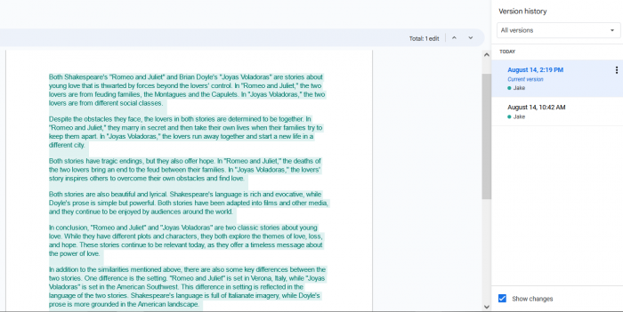 Word Document suggesting that all the text from version was added at the same time