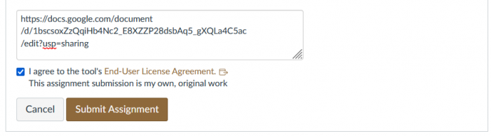Canvas menu to submit URL of assignment