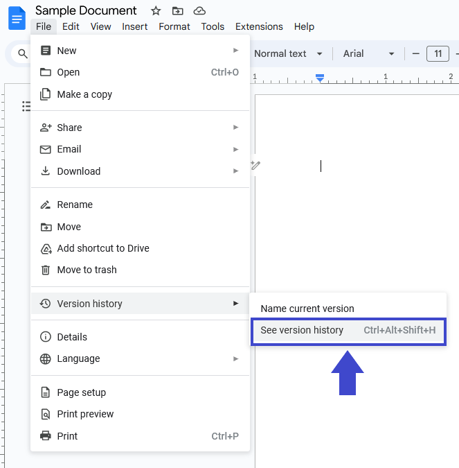 Location of See version history function in Microsoft Word menu