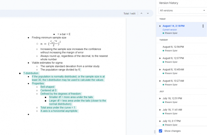 Word Document with version history in sidebar