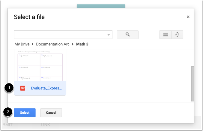 Select a file function in Google Drive