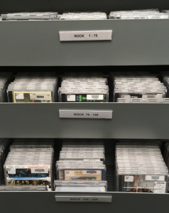 Racks of CDs in library