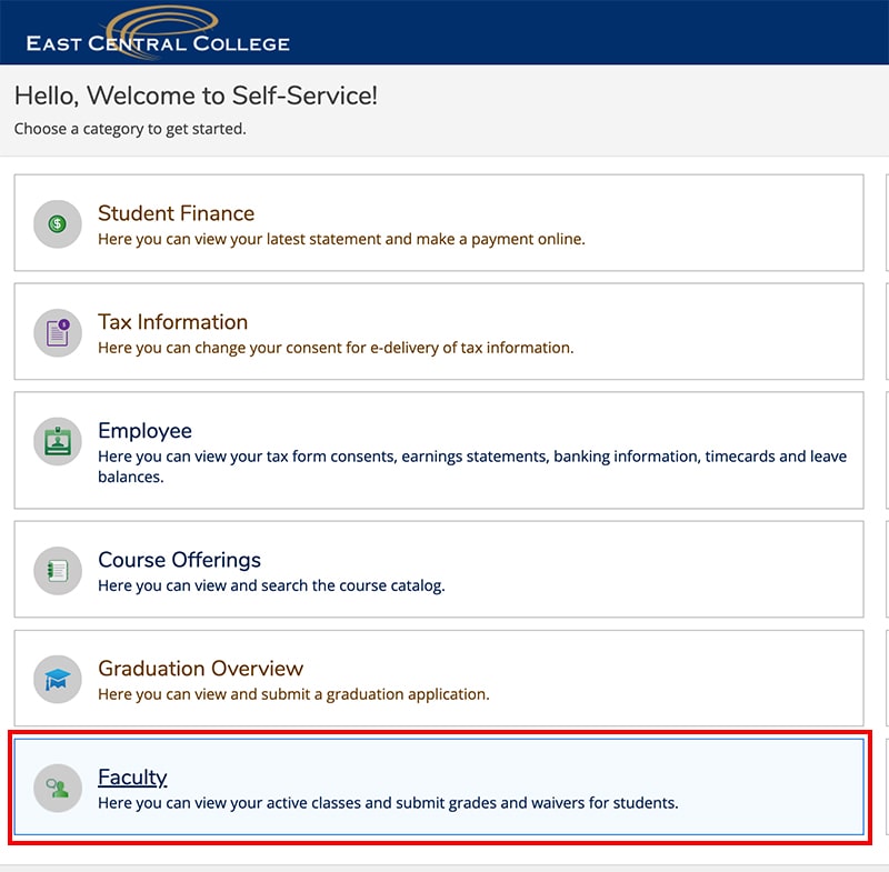 Self-Service dashboard with Faculty link highlighted