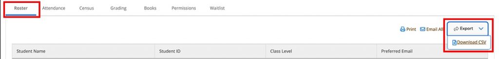 Course page with Roster tab and Download CSV link highlighted