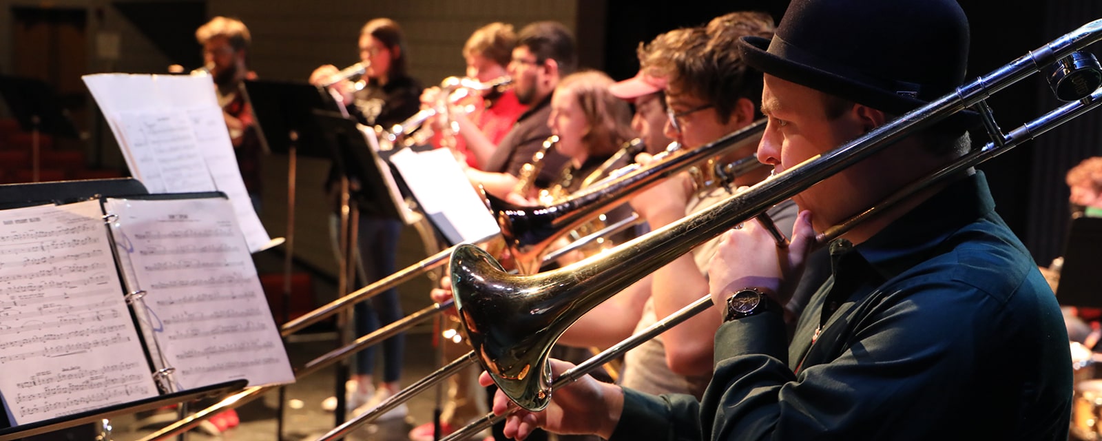 Band students practicing trombone