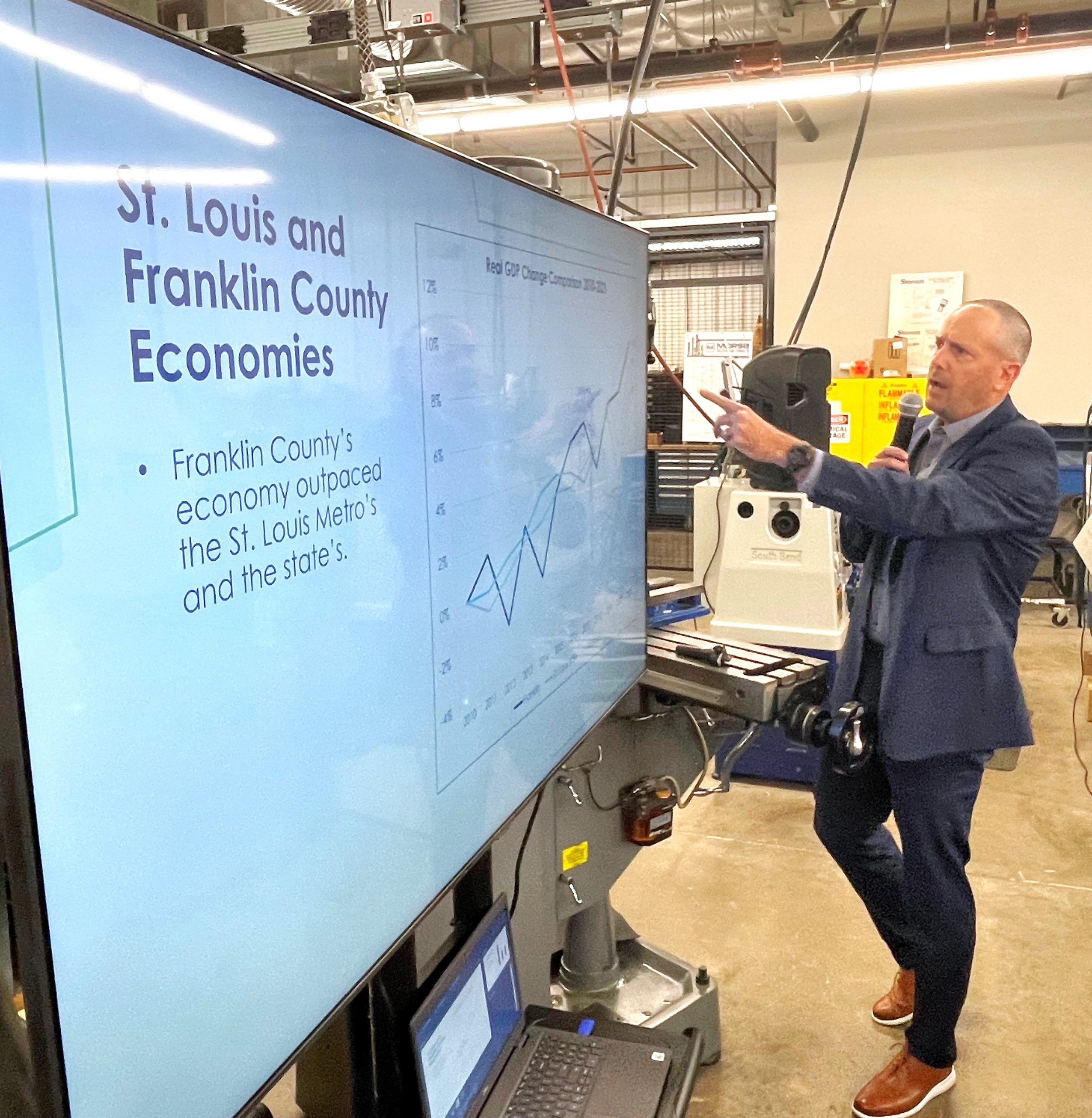 Man stands at a white board providing information on the economic status of Franklin County.