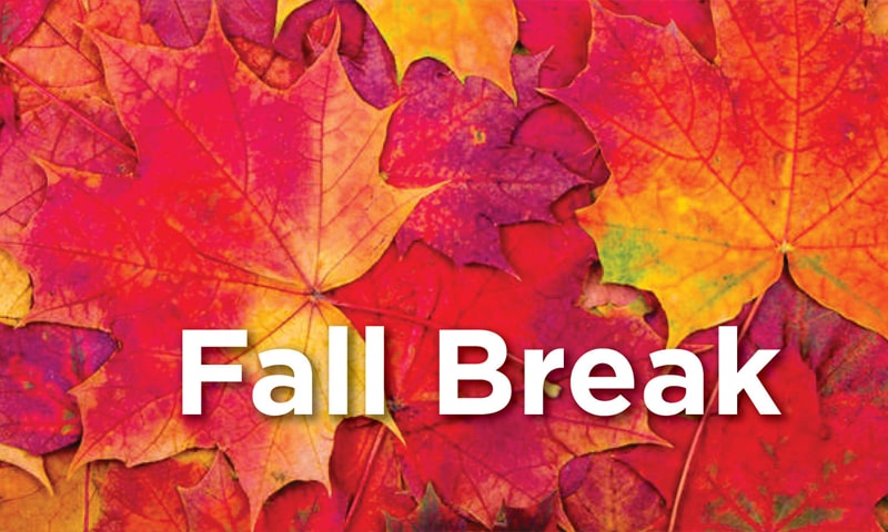 Background of red leaves with the text Fall Break