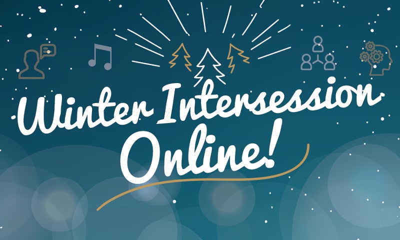 Vector illustration of snowy sky with the text Winter Intersession Online